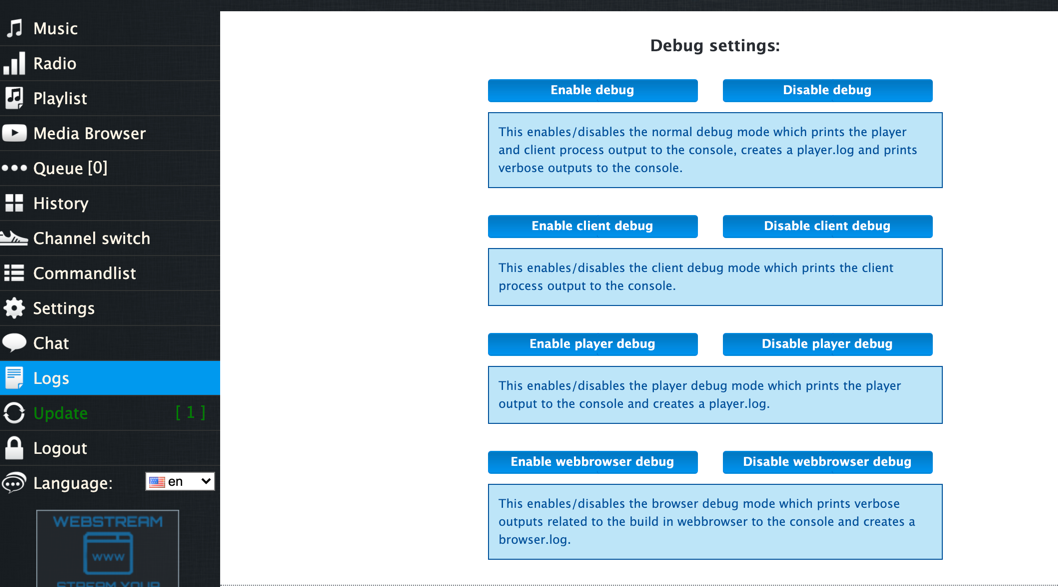 Webinterface -> Logs -> Debug options